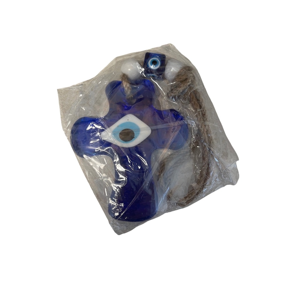 Blue‎ Glass Evil Eye Cross Wall Hanging Nazar Protection Decor 5x4 Jute Rope NEW
